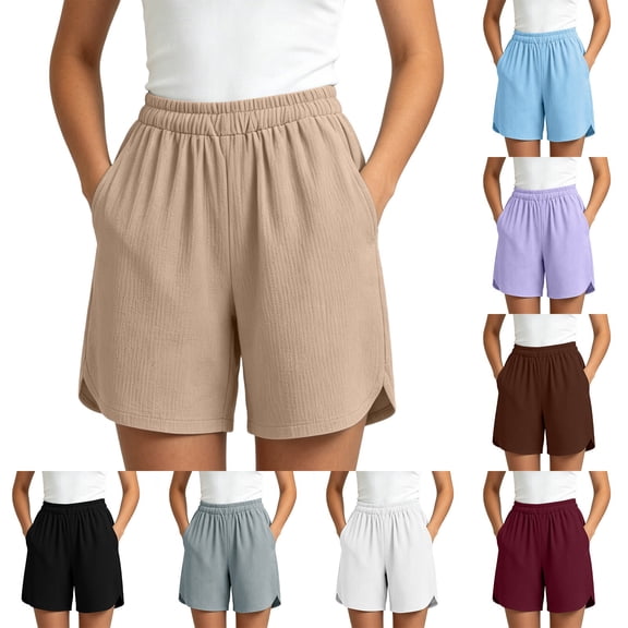 Women's Solid Color Elastic Waist Shorts With Pockets, Polyester Casual Athletic Fit, Comfortable Stretchy Fabric, Everyday Summer Beach Outdoor Activewear, Womens | VerBelle,Black L