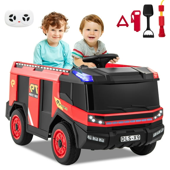 Gymax 2-Seater Kids Ride on Fire Truck w/Remote Control Water Gun Extinguisher Shovel