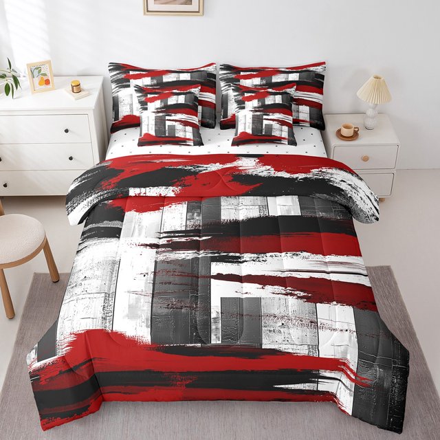 Erosebridal Watercolor Red Black Gray Bedding Sets Full Size, Abstract Lines Comforter Sets with Sheets, Geometric Bedroom Decor Breathable 7pcs