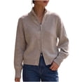 thumbnail image 2 of Tusihei Women Knit Zipper Up Cardigan Stand Collar Long Sleeve Sweater Jacket Daily Autumn Outerwear, Khaki M, 2 of 5