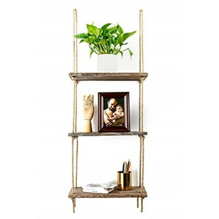 Timeyard Decorative Wall Hanging Shelf 3 Tier Distressed Wood Jute Rope Floating Shelves Rustic Home Decor