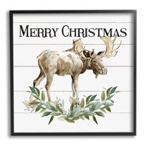 Stupell Industries Merry Christmas Moose Laurel Graphic Art Black Framed Art Print Wall Art, Design by Carol Robinson