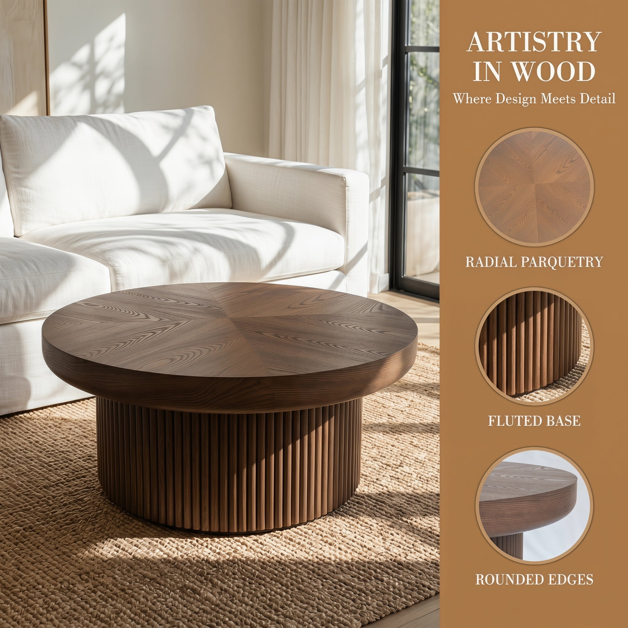 33.46'' Round Coffee Table with Fluted Cylindrical Base, Ash Wood End Table with Thickened Tabletop, Modern Cocktail Table