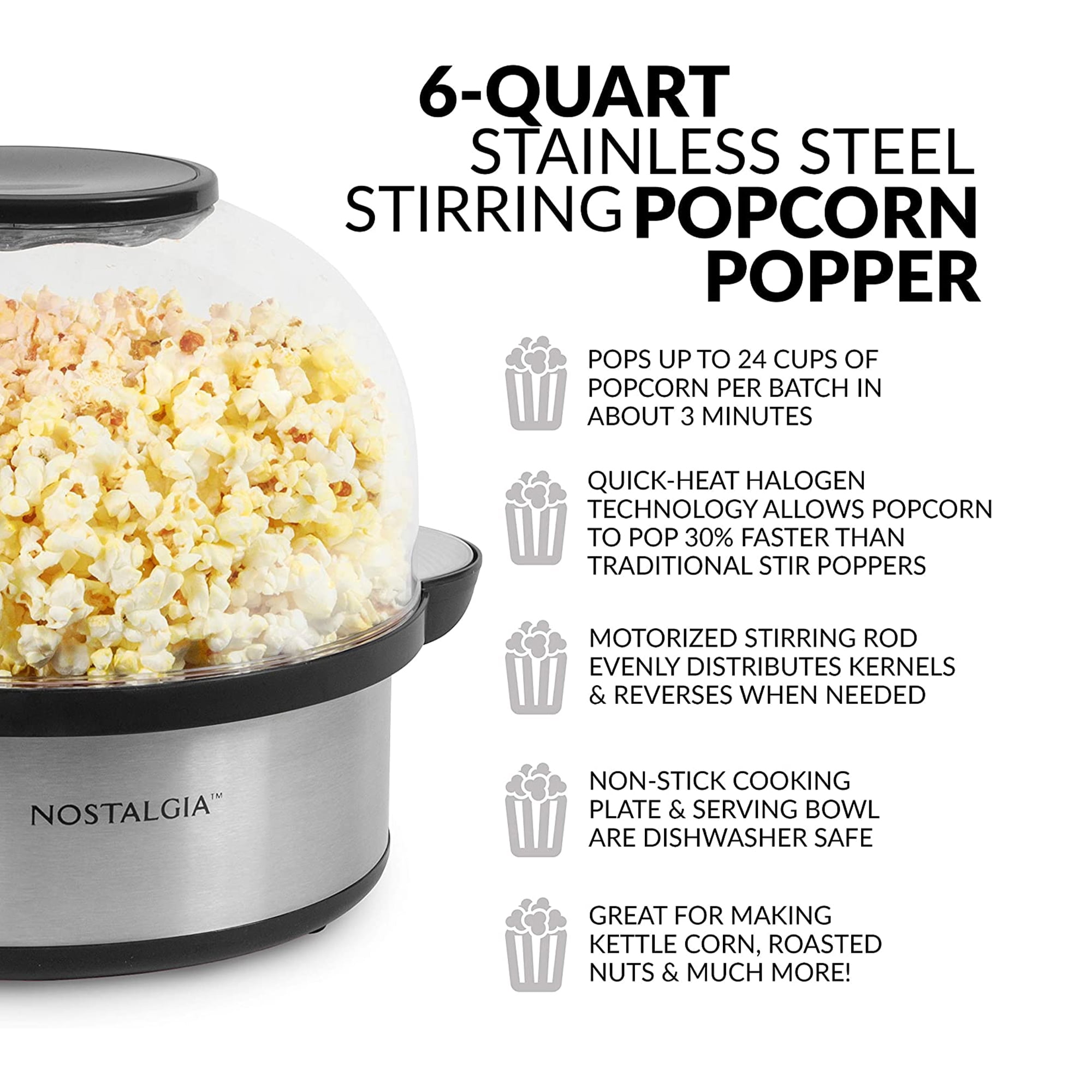 Nostalgia NSPFP6SS 6 QT Stainless Steel Stirring Popcorn Popper
