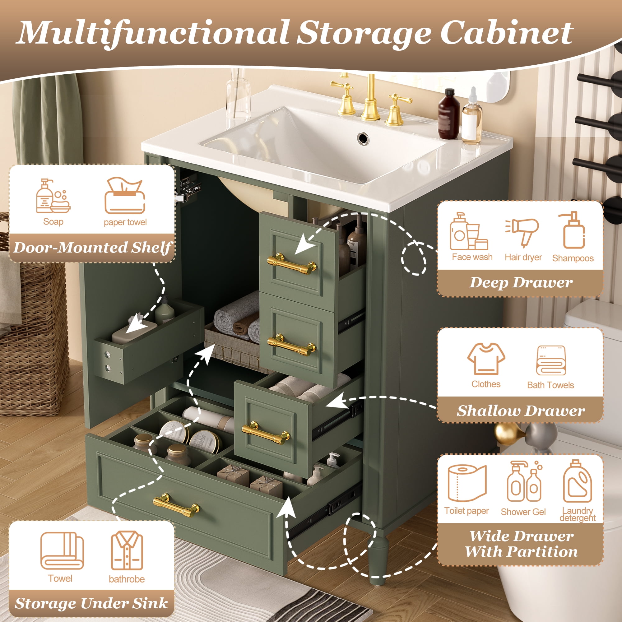 Harper & Bright Designs 24 inch Bathroom Vanity with Sink Combo, Free-Standing Single Storage Cabinet with 3 Drawers & Rack, MDF & Solid Wood Vanity with Ceramic Basin, Olive Green