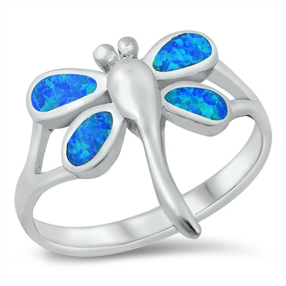 CHOOSE YOUR COLOR Blue Simulated Opal Dragonfly Bug Ring .925 Sterling Silver CZ Female Size 9