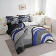 thumbnail image 3 of Feelyou Adult Abstract Geometric Bedding Comforter Set 7 Pieces, Mid Century Minimalism Full Bedding Set, Grey Blue Stripes Reversible Fitted Sheet Flat Sheet, Microfiber Bedroom Decor, 3 of 7
