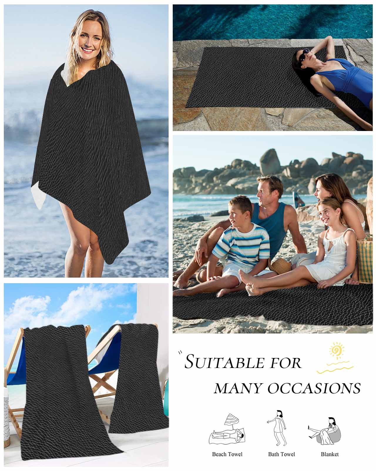 Solid Black Beach Towels Oversized Super Absorbent, Retro Minimalism Abstract Denim Texture Lightweight Bath Towel Quick Dry Sets For Bathroom/Pool/Rv Camping/Beach Play/Gym Room/Picnic 35"x70"