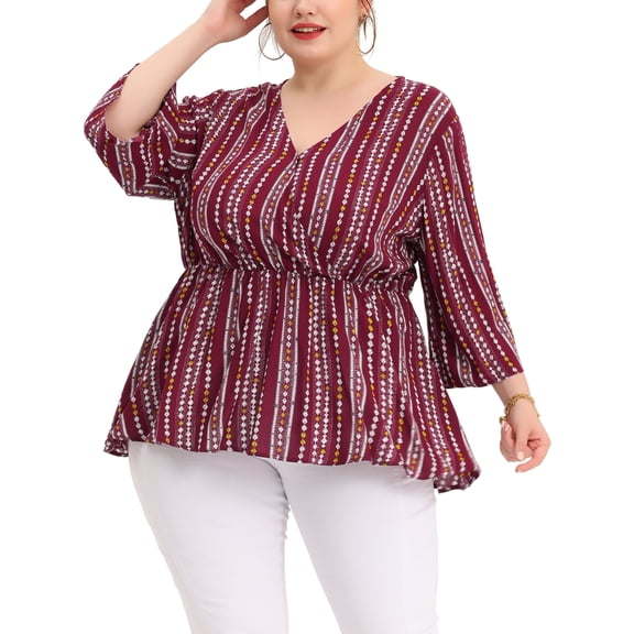 Agnes Orinda Women's Plus Size Boho Striped Peplum Long Sleeve Top 2X Red