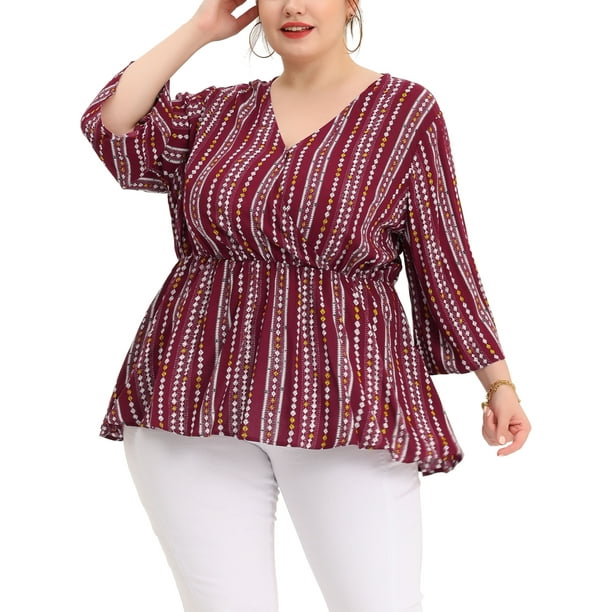 Agnes Orinda Blusa de Peplum de Talla Grande para Mujer con Rayas Boho de Manga Larga 3X Roja