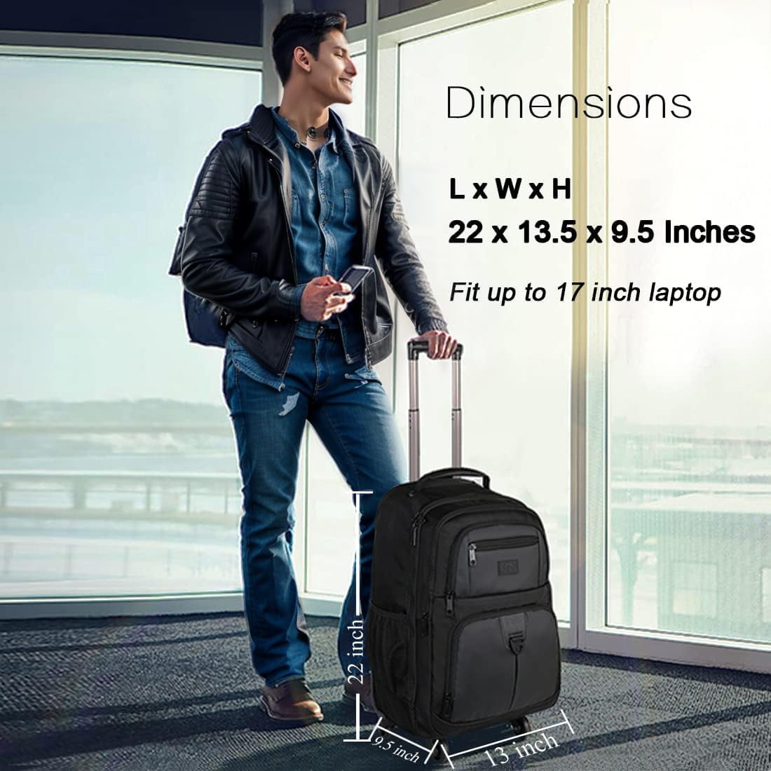 4-Wheel Rolling Backpack 17" - Waterproof Wheeled Travel Bag for Men Women, Airline Approved Carry-On
