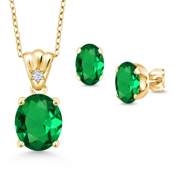 18K Yellow Gold Plated Silver Green Nano Emerald and White Zirconia Pendant and Earrings Jewelry Set for Women (4.28 Cttw, Gemstone Birthstone, Oval 11X9MM and 8X6MM with 18 inch Silver Chain)