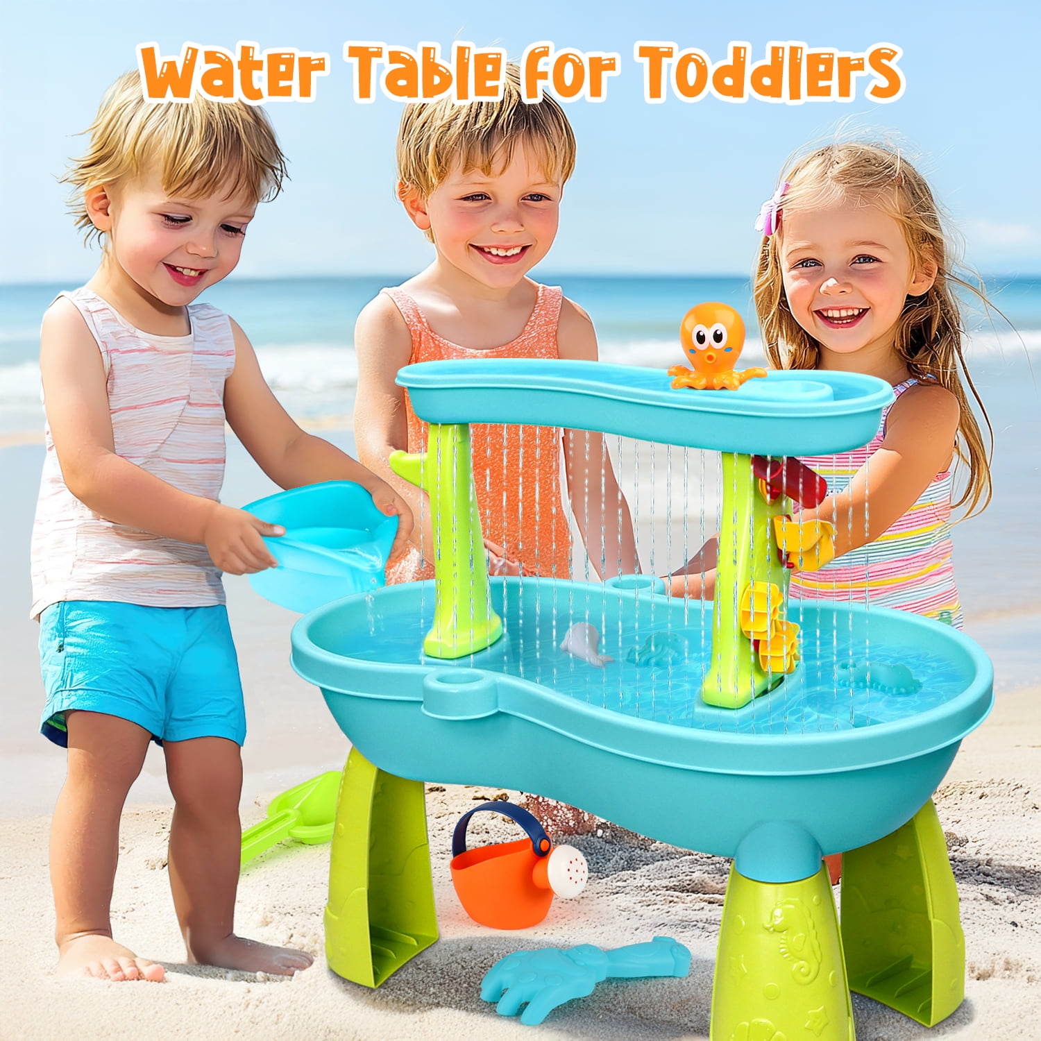 Beefunni Sand & Water Table, 2-Tier Rain Pond Activity Sensory Play Table with Accessories, Outdoor Beach Water Play Table, Summer Activity  Gift Idea