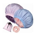 thumbnail image 1 of wonima11 2Pcs Satin lined Shower Cap Reusable，Luxury Waterproof Extra Large Shower Caps Adjustable, Double Layers &Reversible Satin Bonnet Shower Cap for Women(light blue + pink), 1 of 1