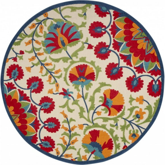 homeroots outdoor 385002 8’ Round Red and Multicolor Indoor Outdoor Area Rug