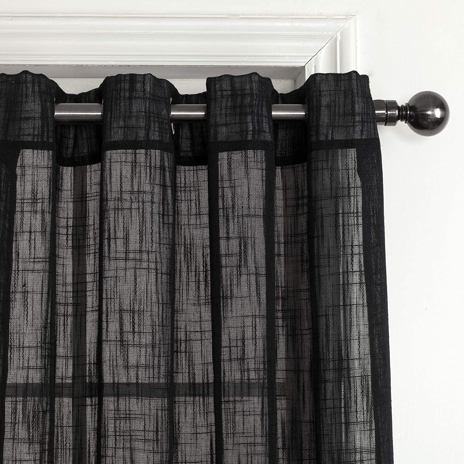 2 Piece Textured Linen Sheer Grommet Top Curtain Panel Drape Set (63" Long, Black)