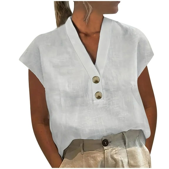 Cotton Linen Button Up Shirts for Women Dressy Casual Cap Short Sleeve V Neck Blouses Comfy Loose Fit Tops (XL, White)