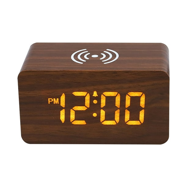 Reloj despertador de madera con luz nocturna y carga inalámbrica LED, reloj electrónico multifuncional con control por voz y silencio, reloj de carga inalámbrica