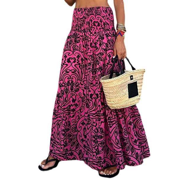 Falda Bohemia Falda bohemia para mujer Falda larga de playa con estampado informal Falda de línea A (Rosa roja L) Ygjytge para Mujer Rosa roja T M