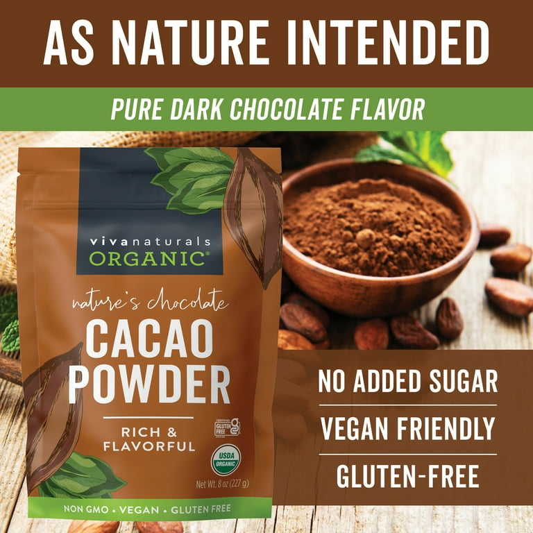 Viva Naturals Organic Cacao Powder 8 oz Unsweetened Dark