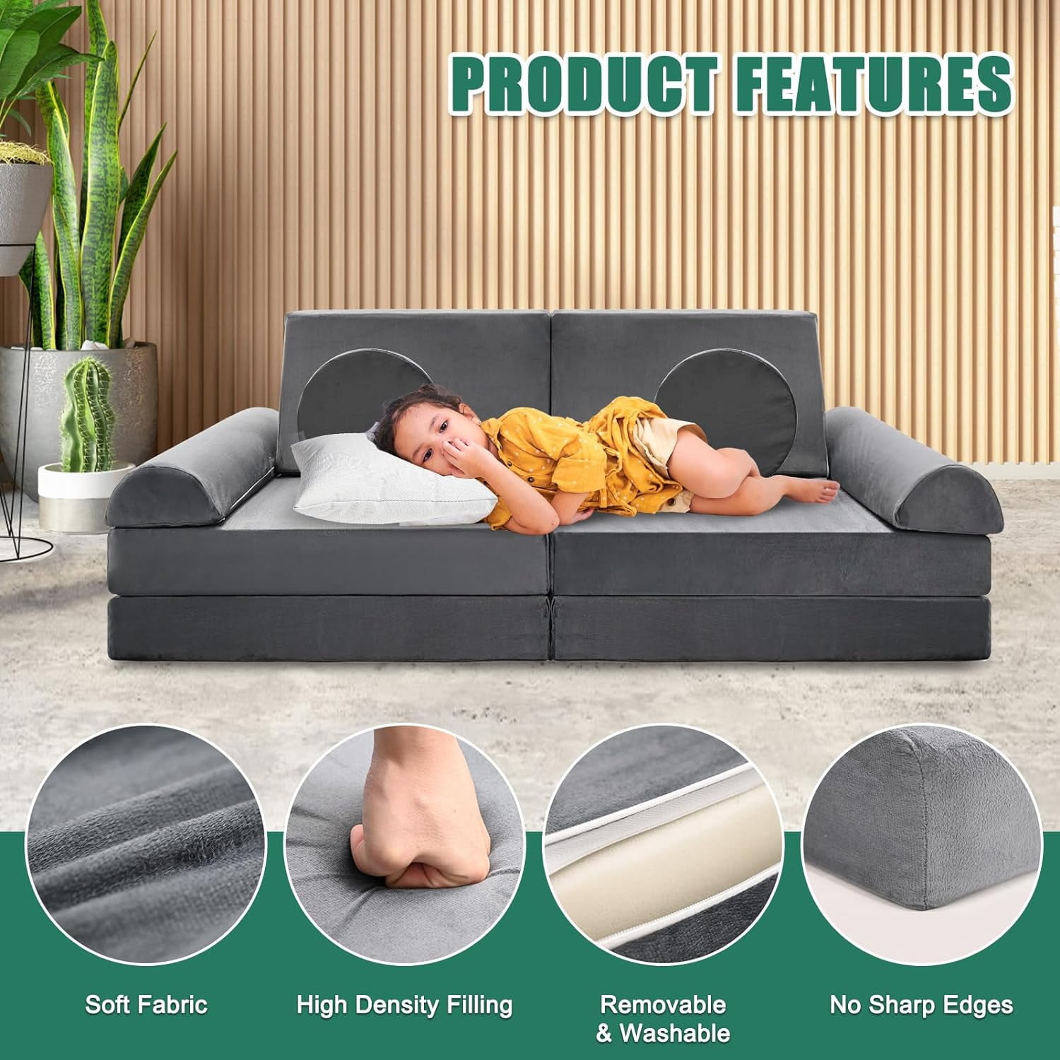 ABORON Kids Couch Play Set Modular Convertible Sofa 10 Piece Fold Out Couch for Bedroom Playroom, for Imaginative Toddler, Boy, Girl, Creative Baby Couch Toddler Couch
