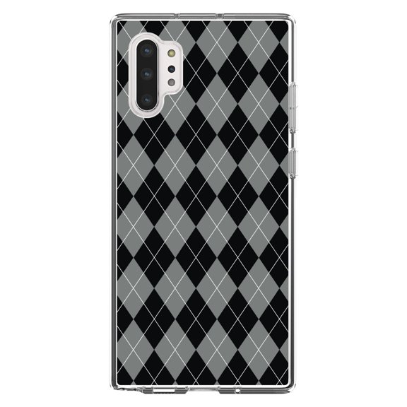 DistinctInk Clear Shockproof Hybrid Case for Galaxy Note 10 PLUS (6.8" Screen) - TPU Bumper, Acrylic Back, Tempered Glass Screen Protector - Black Grey White Argyle