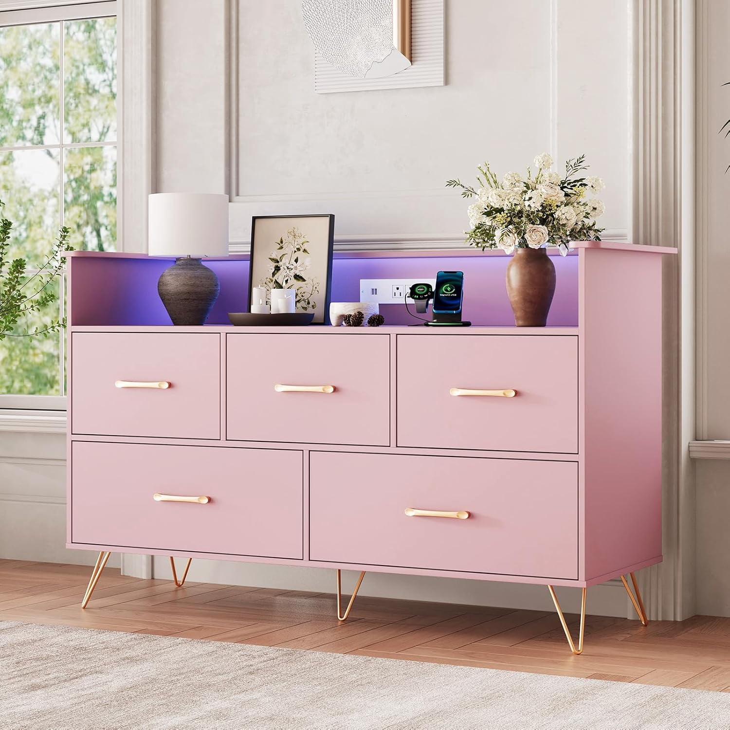 5 Drawer Dresser for Bedroom, 47 in Modern Wooden Dresser with LED Lights & Charging Station, Wide Chest of Drawers Storage Organizer for Nursery Hallway Apartments, Pink