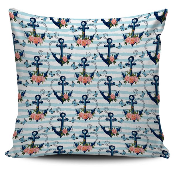 Anchor Flower Funda de cojín con estampado de rayas azules
