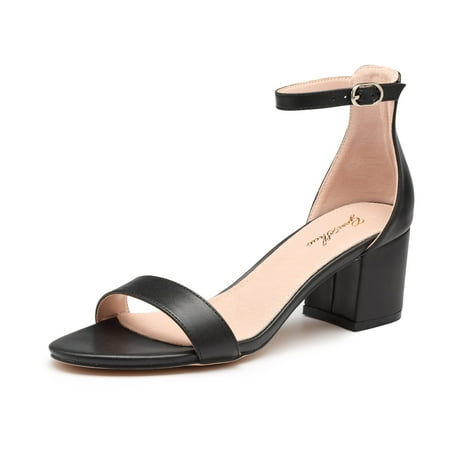 Zhabtuc Women s Low Chunky Heel Sandal Ankle Strap Open Toe Block heels Party Dress Shoes for Lady Black Size 8