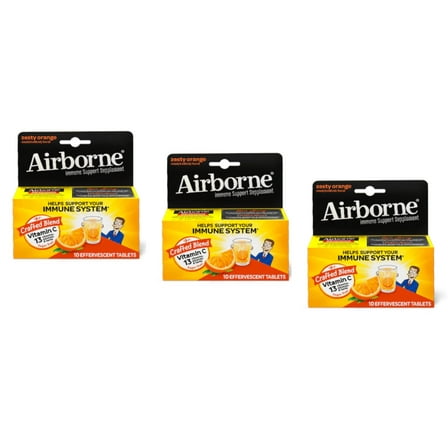 3 Pack Airborne Effervescent Health Formula Tablets, Orange-10 count Each