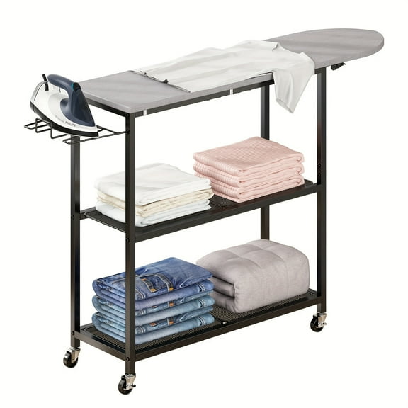 3-Tier Rolling Ironing Board Cart with Shelves - Mobile Storage Organizer with Wheels for Laundry Room, Bedroom, or Patio, Space-Saving Design