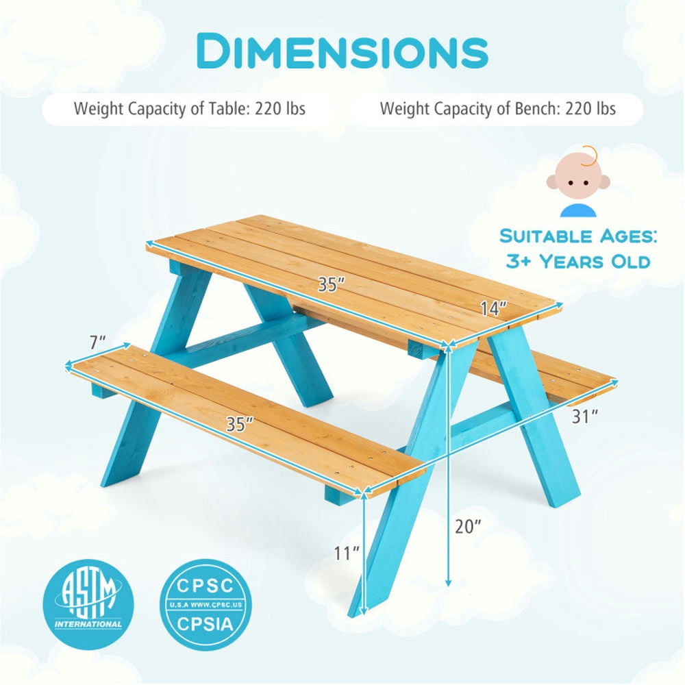 GVN Children Outdoor Wooden Table with Bench Seats for Indoor and Outdoor Use-Natural, Kids Desk and Chair Set for Arts & Crafts, Snack Time, Homeschooling, Homework