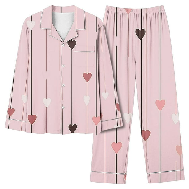 TIMIFIS Pyjamas de la Saint-Valentin pour Femmes Ensembles de Pyjamas pour Dames Décontractés à Manches Longues Mignon Imprimé Cœur Chemise Boutonnée Décontractée Hauts avec Pantalon Long Ensembles de Pjs