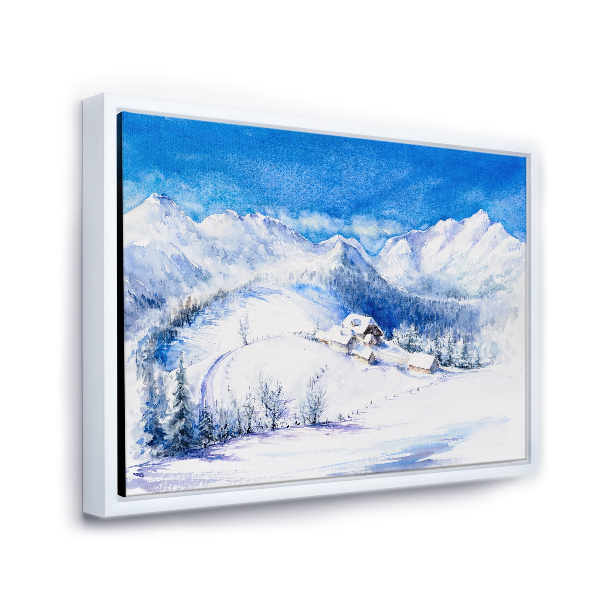 Designart 'Wooden House With Winter Mountain Landscape' Traditional Framed Canvas Wall Art Print