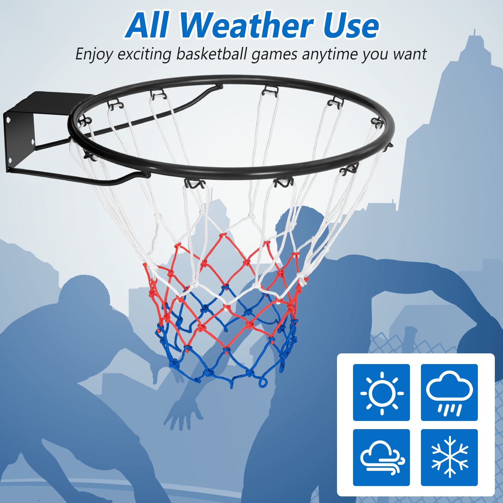 Gymax 15'' Basketball Rim Wall Door Mounted Basketball Hoop w/ All Weather Net Black