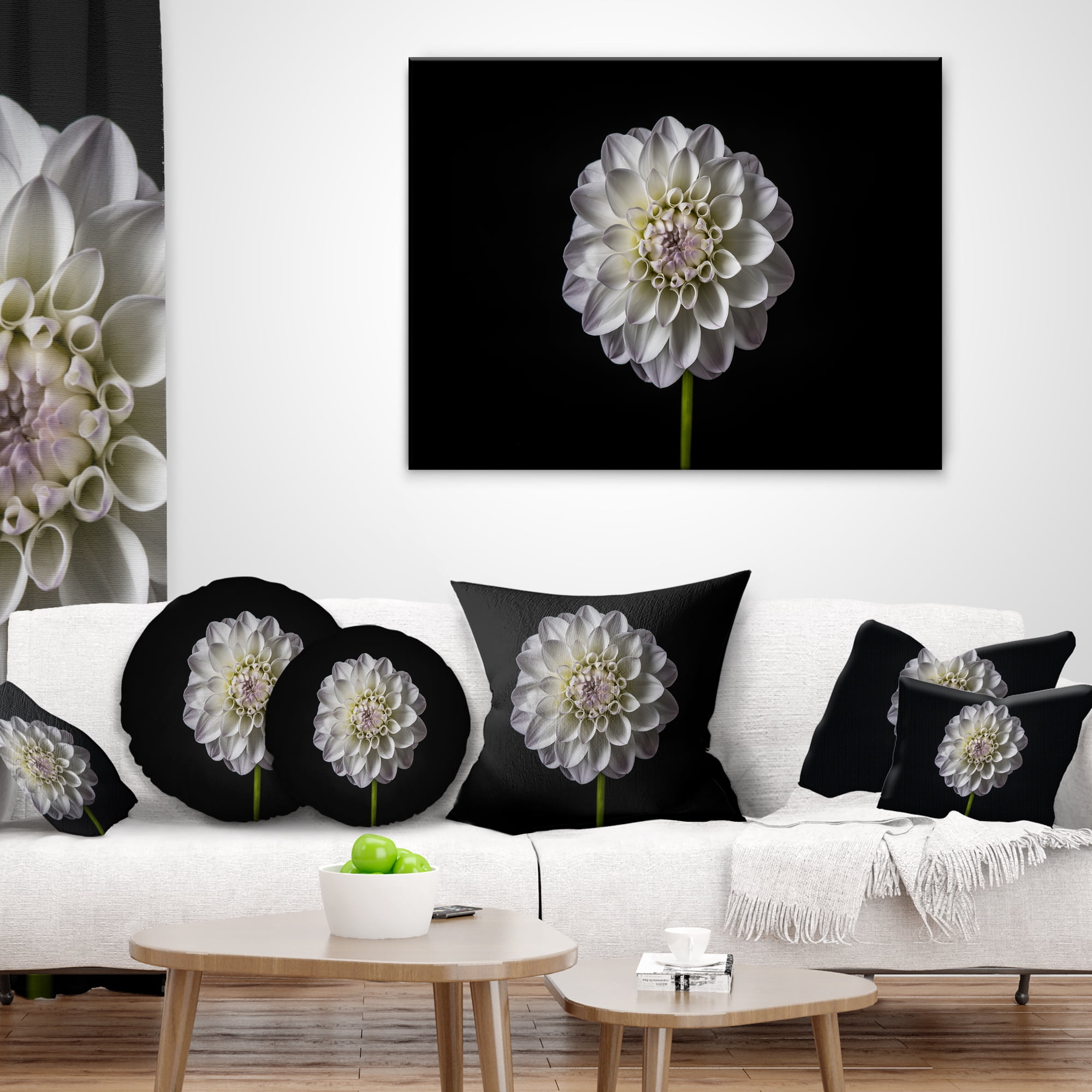 Designart Isolated Dahlia Flower in Black - Floral Throw Pillow - 12x20