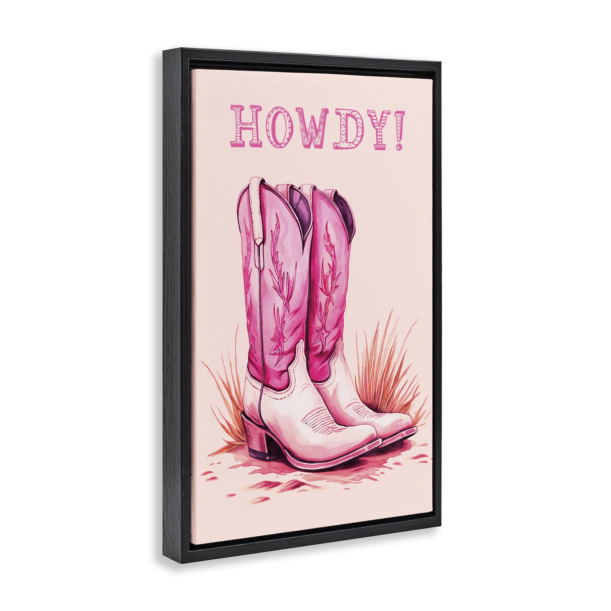 Stupell Industries Pink Cowgirl Boots Howdy Fashion Painting Black Floater Framed Canvas Art Print Wall Art, 17 x 25