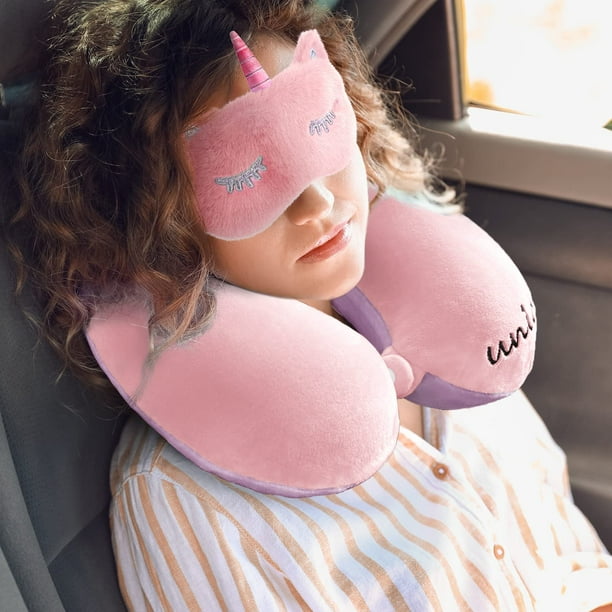 Almohada de viaje para el cuello para ninos almohada de espuma viscoelastica de unicornio con bonita mascara para dormir y tapones para los oidos juego de almohada de viaje ligera para avion
