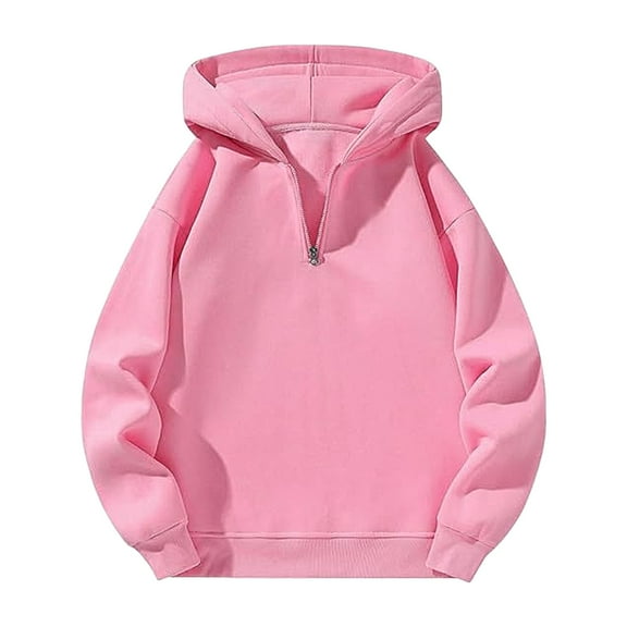 Women's Japanese Style Half Zip Hooded Sweatshirt, Solid Color Long Sleeve Pullover with Adjustable Hood, Autumn Winter Casual Streetwear Fashion Tops for Loungewear Comfort and Daily Wear Pink L