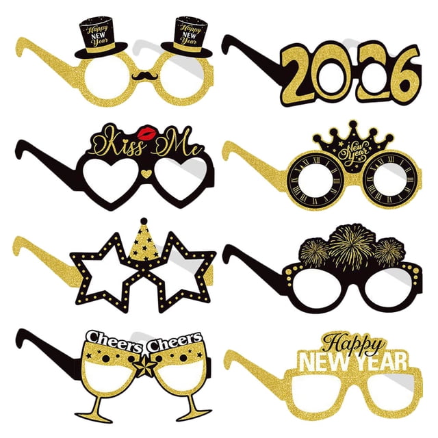 8 gafas de Año Nuevo con purpurina divertida para fotos de Nochevieja 2026, accesorios para fiestas y eventos.