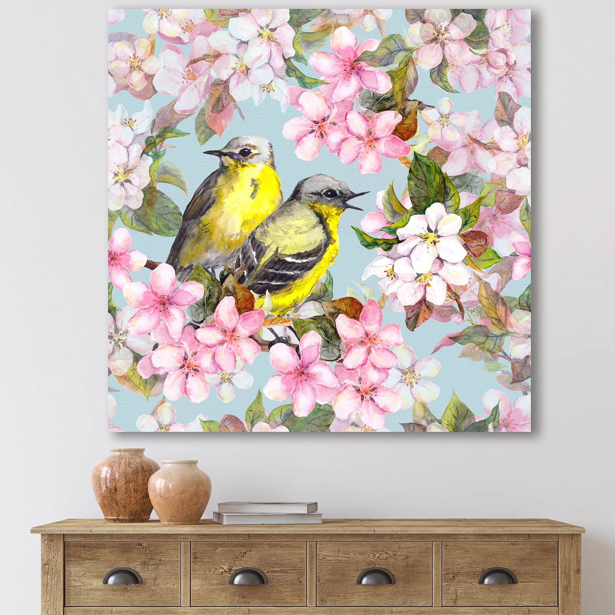 Designart ' Birds On Pink Cherry Sakura and Apple Flowers II ' Traditional Canvas Wall Art Print