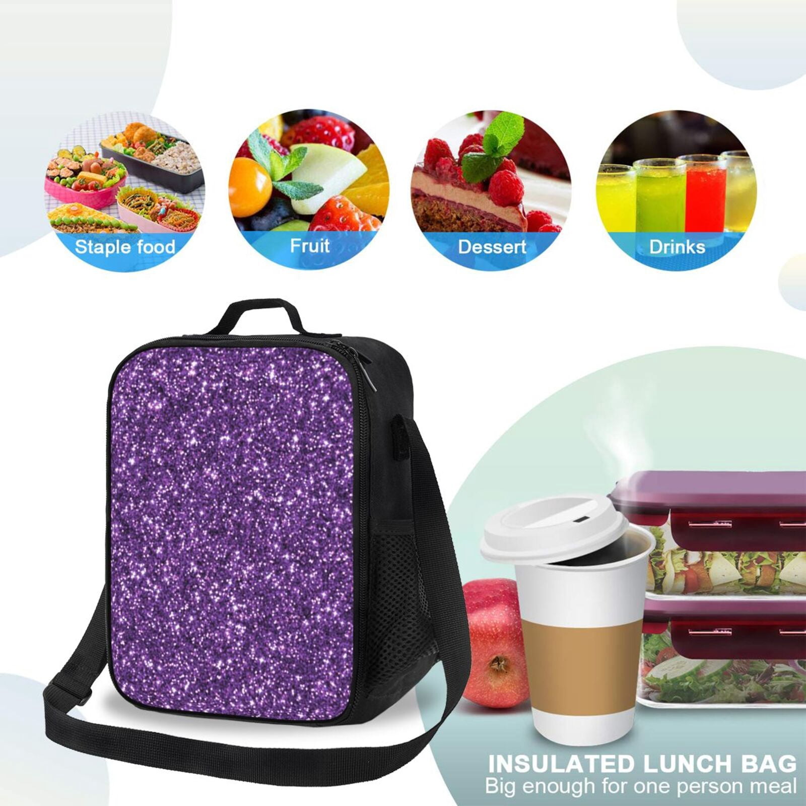 Xecao Purple Glitter Print Lunch Bag - Durable, Double-Insulated Lunch Bag, Holds Lunch Box, Water Bottle, & Snacks,Leakproof Cooler Tote Bag