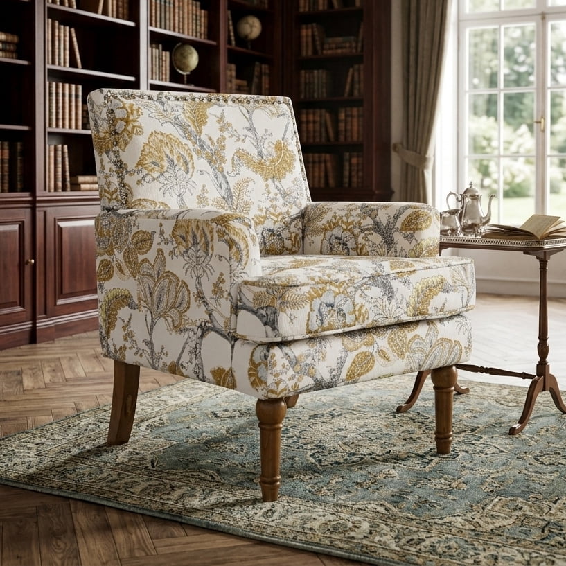 Aukfa Floral Accent Chair - Upholstered Armless Reading Chair with Nailhead Trim & Turned Wood Legs,Yellow