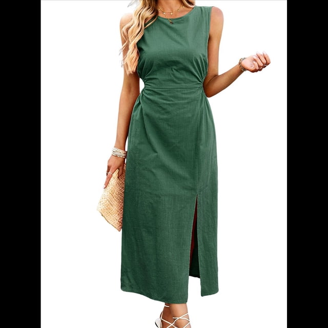 Vestidos Casuales para Mujer, Vestido de Color Liso, Chaleco Sin Mangas, Falda de Verano con Temperamento Ceñido A la Cintura. Verde M