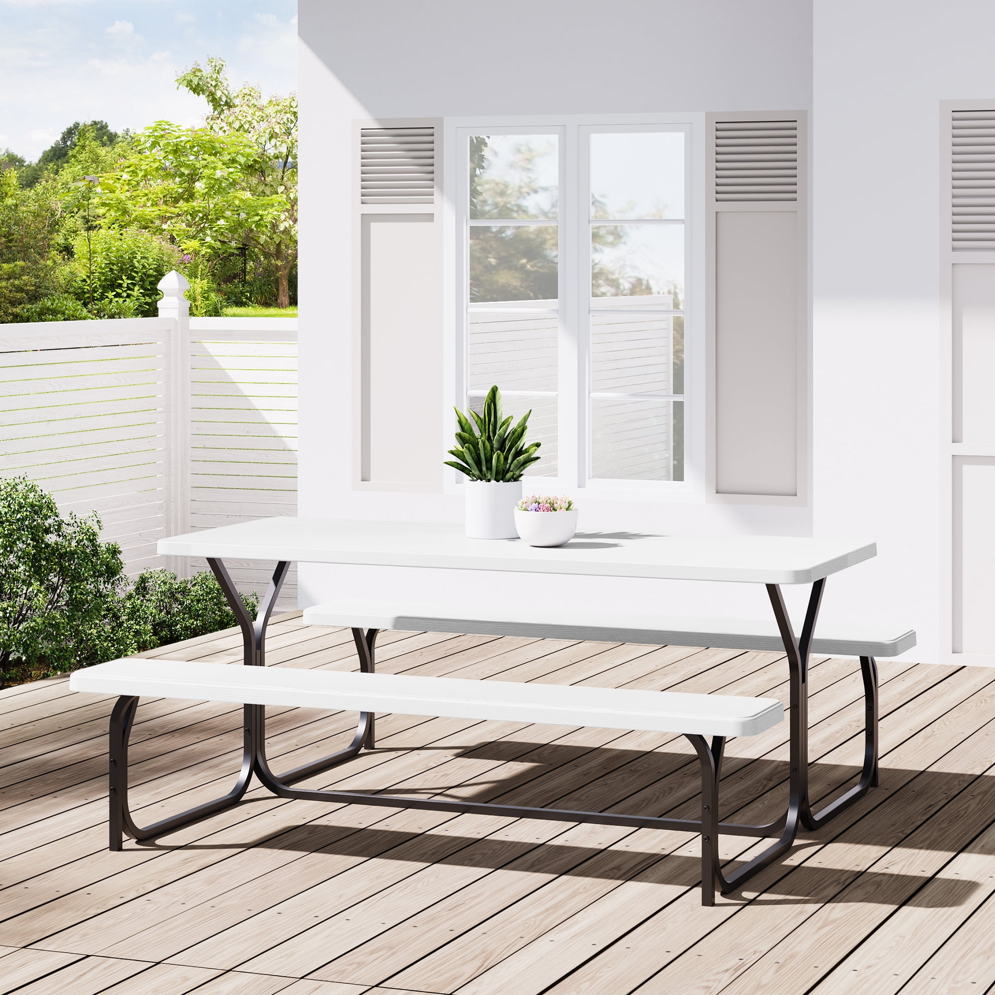 Dextrus Picnic Table Bench Set 6 ft Outdoor Camping with Umbrella Hole, White