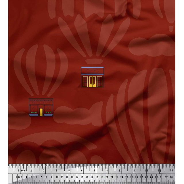 Soimoi Red Rayon Fabric Architectural Structure & Hot Air Balloon Holiday Print Fabric by the Yard 56 Inch Wide