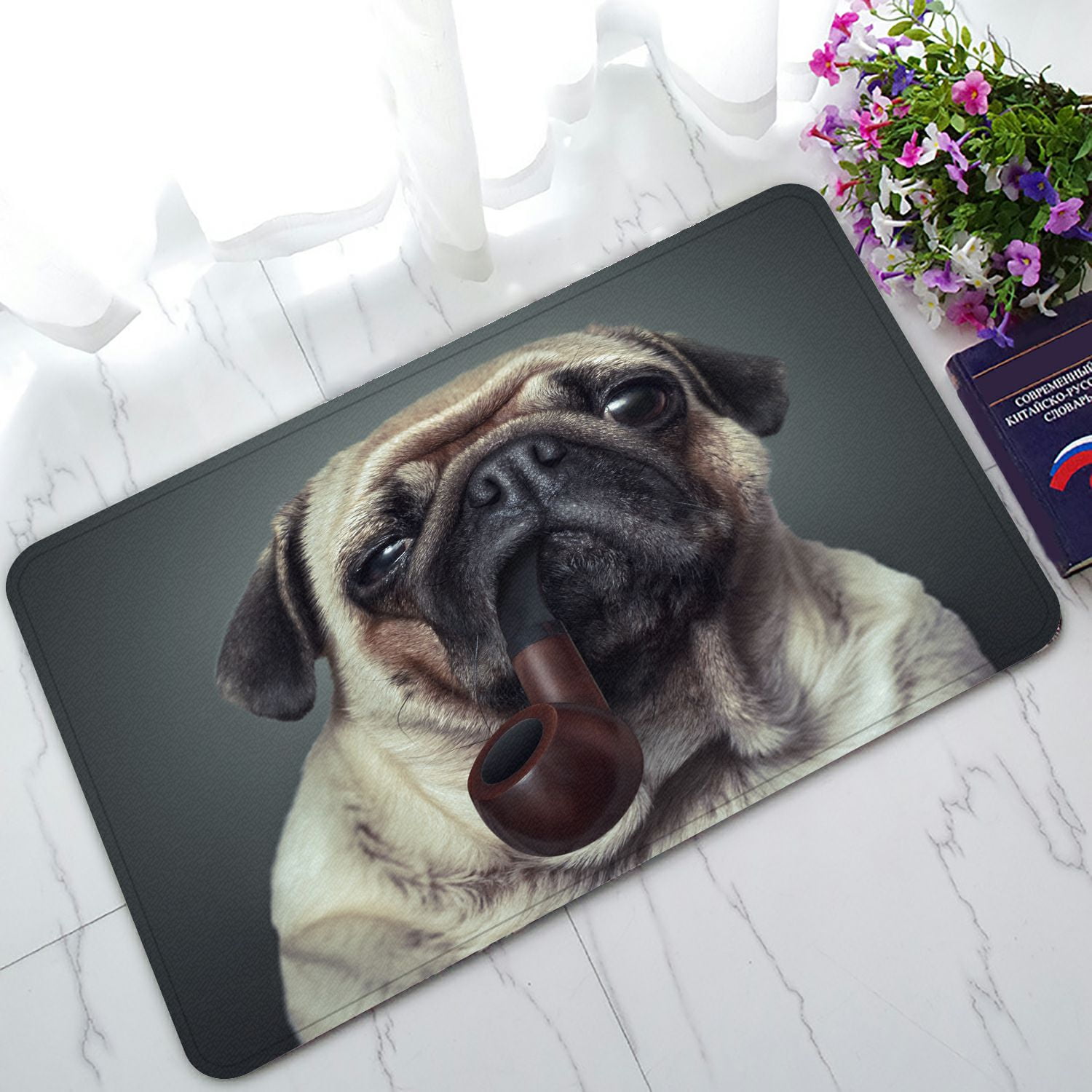 PHFZK Animal Doormat, Funny Pug Dog with a Tobacco Pipe Doormat