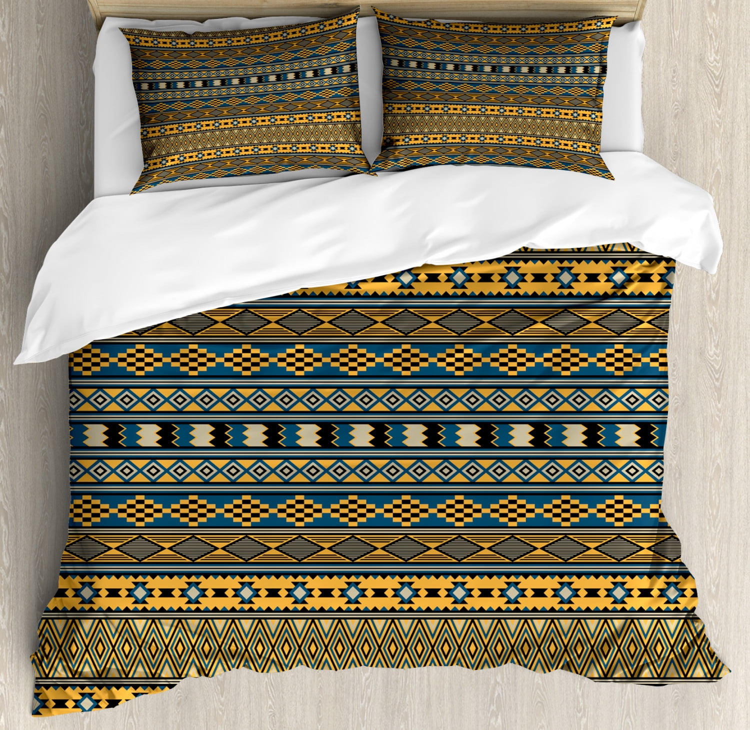 Afghan Queen Size Duvet Cover Set, Middle Eastern Geometric Shapes Ethnic Squares Chevron and