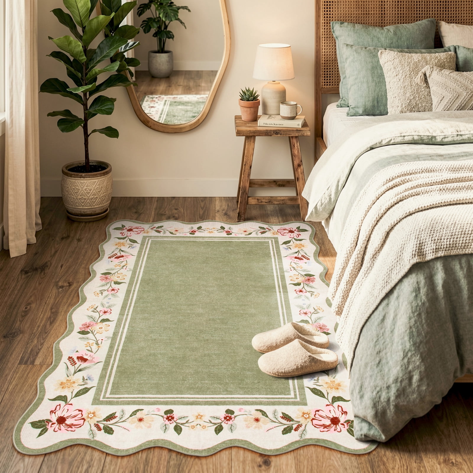 Lahome Washable 3'x5' Scalloped Area Rug, Green Floral Boho Rugs for Living Room, Ultra-Thin Soft Non-Slip Low-Pile Stain Resistant Carpet for Bedroom Dining Room Office, Green