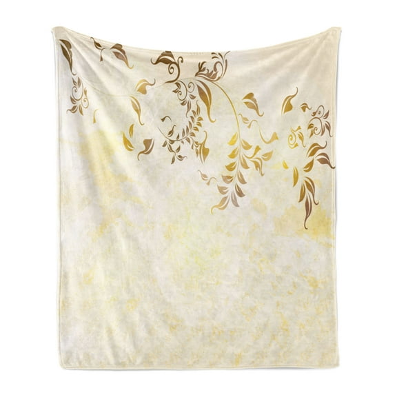 Beige Soft Flannel Fleece Blanket, Antique Classic Backdrop with Curving Branch Nostalgic Vintage Silhouettes Artwork, Cozy Plush for Indoor and Outdoor Use, 60" x 80", Yellow Beige, by Ambesonne